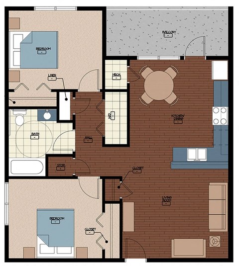 A floor plan of a house with labeled rooms such as Bedroom, Bath, Kitchen, Living Room, and Balcony.